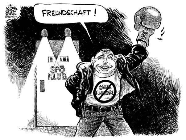  Oliver Schopf, politischer Karikaturist aus Österreich, politische Karikaturen, Illustrationen Archiv politische Karikatur Österreich: Parteien SPÖ 
 SPÖ-Chef Alfred Gusenbauer reicht’s nach all den BAWAG- und  ÖGB-Skandalen: Keine Gewerkschaftsfunktionäre mehr im roten Parlamentsklub!, alfred gusenbauer, spoe klub, oegb, freundschaft, tuersteher, boxhandschuh
