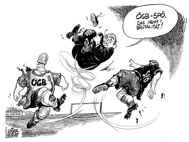  Oliver Schopf, politischer Karikaturist aus Österreich, politische Karikaturen, Illustrationen Archiv politische Karikatur Österreich: Parteien SPÖ 
Spielmacher ist nicht immer der Kapitän einer Mannschaft. alfred gusenbauer, oegb, spoe, fussball, brutalitaet

