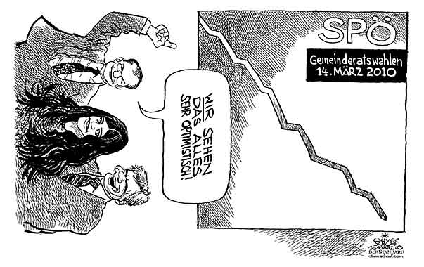  Oliver Schopf, politischer Karikaturist aus Österreich, politische Karikaturen, Illustrationen Archiv politische Karikatur Österreich: Parteien SPÖ 
2010: spoe gemeinderatswahlen faymann rudas kraeuter chart kurve sehr optimistisch

