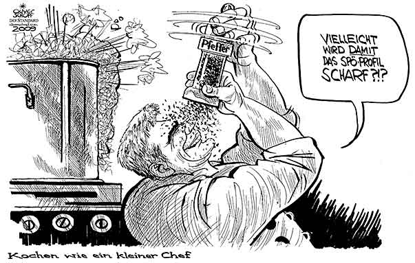  Oliver Schopf, politischer Karikaturist aus Österreich, politische Karikaturen, Illustrationen Archiv politische Karikatur Österreich: Parteien SPÖ 
2009:  2009: spoe, faymann, kochen, pfeffer, scharf, wuerzen, profil, kochen wie ein kleiner chef


