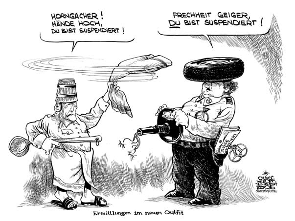  Oliver Schopf, politischer Karikaturist aus Österreich, politische Karikaturen, Illustrationen Archiv politische Karikatur Österreich: Polizei  2006: polizei, ernst geiger, roland horngacher, saunaaffaere, suspendierung
