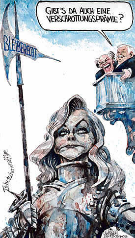  Oliver Schopf, politischer Karikaturist aus Österreich, politische Karikaturen, Illustrationen Archiv politische Karikatur Asylrecht Migration in Österreich  2009 Maria Fekter maria fekter  innenministerium  asyl  Bleiberecht  tschetschenenaffäre  ritterruestung  balkon , michael haeupl , erwin proell, verschrottungspraemie


 