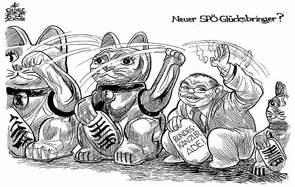  Oliver Schopf, politischer Karikaturist aus Österreich, politische Karikaturen, Illustrationen Archiv politische Karikatur Österreich Regierung Gusenbauer
2008:
Gusenbauer, ruecktritt, winkekatze, maneki neko, winken, gluecksbringer

