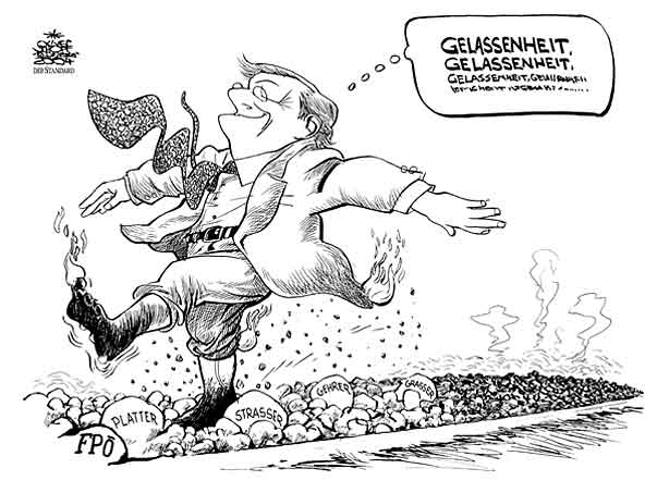  Oliver Schopf, politischer Karikaturist aus Österreich, politische Karikaturen, Illustrationen Archiv politische Karikatur Österreich Regierung Schüssel 
2004:
schuessel, gluehende kohlen, gelassenheit

