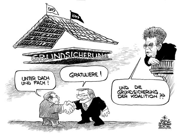  Oliver Schopf, politischer Karikaturist aus Österreich, politische Karikaturen, Illustrationen Archiv politische Karikatur Österreich Regierungsbildung 2006;  spoe, oevp, koalitionsverhandlungen  gusenbauer, schuessel, heinz fischer, mindestsicherung, grundsicherung, dach, fach
