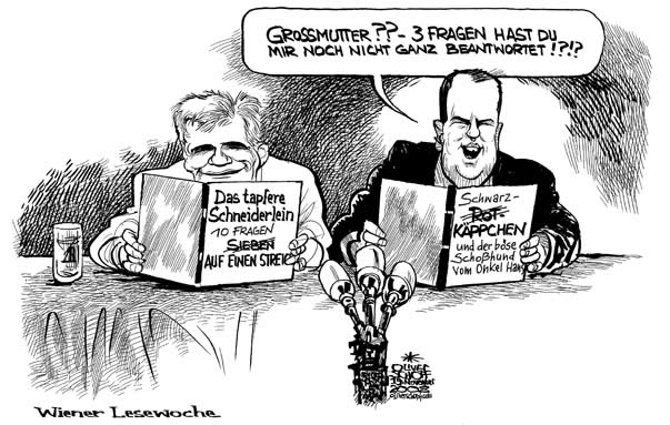  Oliver Schopf, politischer Karikaturist aus Österreich, politische Karikaturen, Illustrationen Archiv politische Karikatur Österreich Regierungsbildung 2008:
Koalitionsverhandlungen,faymann, josef proell, lesewoche, maerchen, das tapfere schneiderlein, rotkaeppchen



