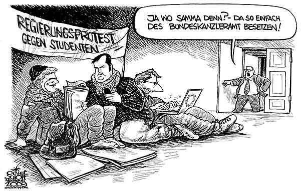  Oliver Schopf, politischer Karikaturist aus Österreich, politische Karikaturen, Illustrationen Archiv politische Karikatur Österreich Regierung Faymann
2009 Uniprotest: regierung, studentenproteste, faymann, proell, hahn, bundeskanzleramt, besetzen

