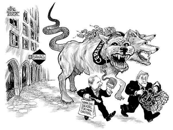  
Oliver Schopf, editorial cartoons from Austria, cartoonist from Austria, Austrian illustrations, illustrator from Austria, editorial cartoon
Europe austria archive 2006 bawag bank vienna,  dog with three heads cerberus; US Fund Cerberus  Labour Economy  (BAWAG)

