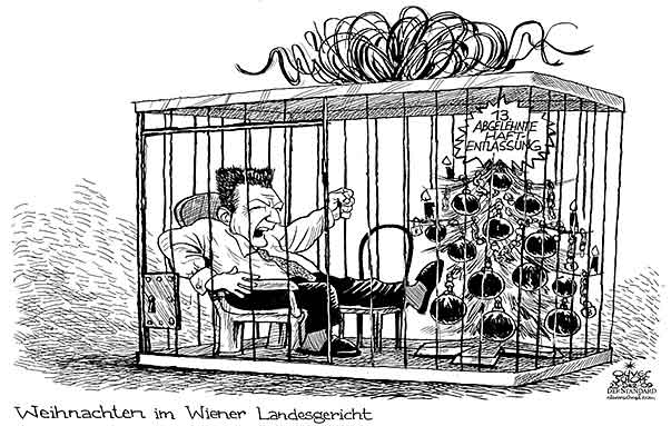  Oliver Schopf, politischer Karikaturist aus Österreich, politische Karikaturen, Illustrationen Archiv politische Karikatur Österreich Wirtschaft BAWAG-Affaire
2009: helmut elsner, bawag, haft, entlassung, weihnachten, zelle, kaefig, christbaum


