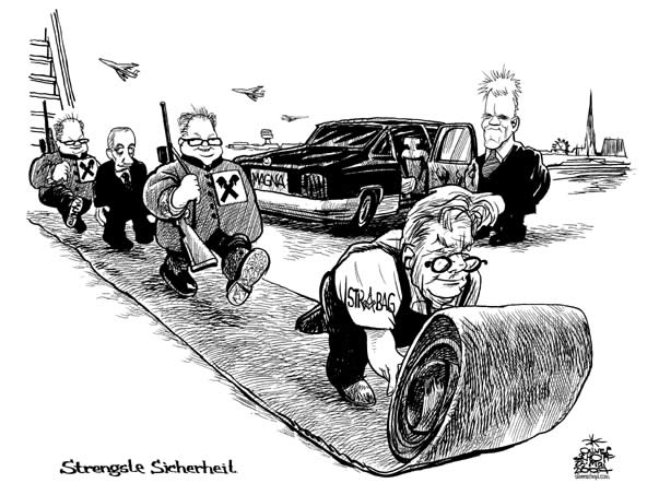  Oliver Schopf, politischer Karikaturist aus Österreich, politische Karikaturen, Illustrationen Archiv politische Karikatur Österreich Wirtschaft  Magna: 2007: putin, wien, strabag, magna, raiffeisen, stronach, haselsteiner, christian konrad, flugfeld, teppich


