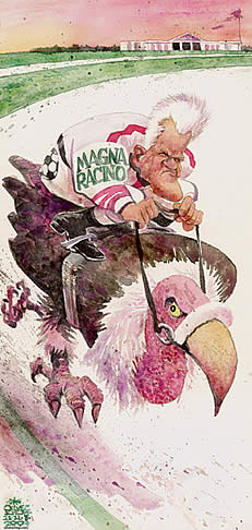  Oliver Schopf, politischer Karikaturist aus Österreich, politische Karikaturen, Illustrationen Archiv politische Karikatur Österreich Wirtschaft  Magna: frank stronach, magna racino, pleite, geier, ebreichsdorf



