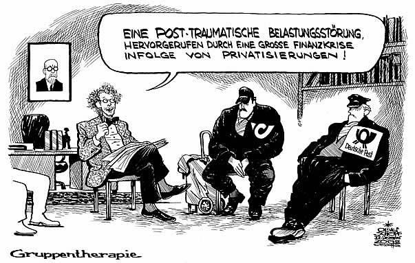  Oliver Schopf, politischer Karikaturist aus Österreich, politische Karikaturen, Illustrationen Archiv politische Karikatur Österreich Wirtschaft Post 2008:
2008:
Post, deutsche post, psychologie, posttraumatische belastungsstoerung, gruppentherpie, finanzkrise, privatisierung



