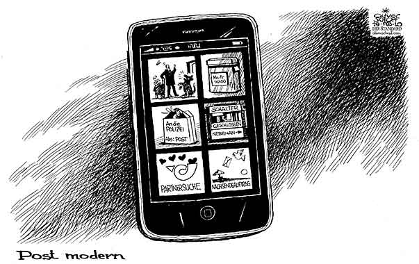  Oliver Schopf, politischer Karikaturist aus Österreich, politische Karikaturen, Illustrationen Archiv politische Karikatur Österreich Wirtschaft Post 2010: post internet iphone app postmodern


