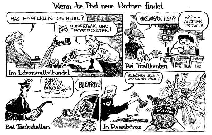  Oliver Schopf, politischer Karikaturist aus Österreich, politische Karikaturen, Illustrationen Archiv politische Karikatur Österreich Wirtschaft Post 2008:
2009:
Post, filialen, schließen, partner, lebensmittelhandel, trafikanten, tankstellen, reisebuero, washington post


