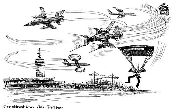  Oliver Schopf, politischer Karikaturist aus Österreich, politische Karikaturen, Illustrationen Archiv politische Karikatur Österreich Wirtschaft Flughafen Wien Schwechat Skylink 2009:
wien, flughafen, skylink,  check-in 3, vie, vienna international airport, pruefer, destination, landen



