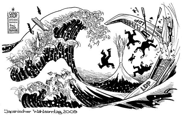  Oliver Schopf, politischer Karikaturist aus Österreich, politische Karikaturen, Illustrationen Archiv politische Karikatur Welt Asien  2009: japan, parlamentswahlen, liberaldemokratische partei, ldp, hokusai, holzschnitt, welle tsunami Politik Politiker




