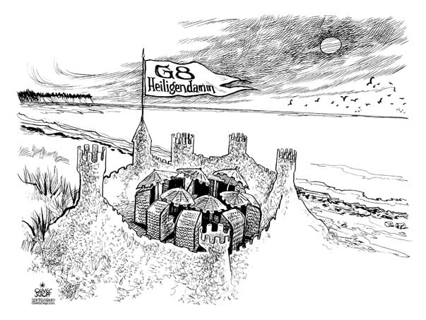 Oliver Schopf, editorial cartoons from Austria, cartoonist from Austria, Austrian illustrations, illustrator from Austria, editorial cartoon g 8<br />Oliver Schopf; Editorial Cartoons; cartoonist; g8-summit, beach, beach chair,g8-summit in Germany's heiligendamm, beach, sandcastle

