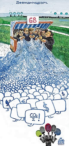 Oliver Schopf, editorial cartoons from Austria, cartoonist from Austria, Austrian illustrations, illustrator from Austria, editorial cartoon g 8<br />Oliver Schopf; Editorial Cartoons; cartoonist; g8-summit, beach, beach chair, flue, speech ballon, yarning

