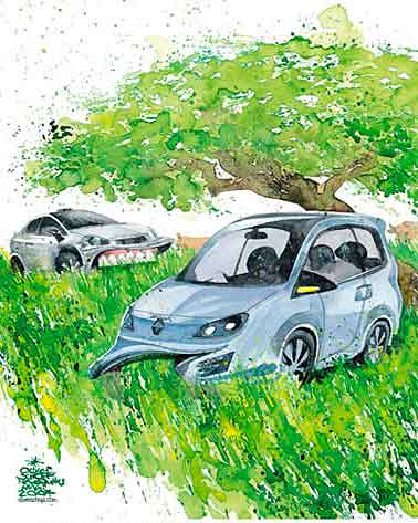  Oliver Schopf, politischer Karikaturist aus Österreich, politische Karikaturen, Illustrationen Archiv politische Karikatur Welt Klima und Umwelt Erderwärmung  biosprit, wiese, weiden, kuehe, auto, grasen


