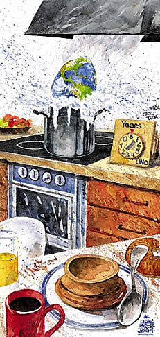  Oliver Schopf, politischer Karikaturist aus Österreich, politische Karikaturen, Illustrationen Archiv politische Karikatur Welt Klima und Umwelt Erderwärmung  hitze, welt, Klimawandel 2007: kueche, klima, kochen, uno, klimabericht



