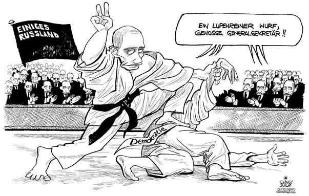  Oliver Schopf, politischer Karikaturist aus Österreich, politische Karikaturen, Illustrationen Archiv politische Karikatur Welt Russland 2008: russland, putin, demokratie am boden genosse putin judoka judo schwarzer gürtel einiges russland




