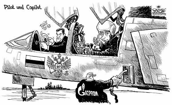 Oliver Schopf, politischer Karikaturist aus Österreich, politische Karikaturen, Illustrationen Archiv politische Karikatur Welt Russland russland, dmitri medwedew, wladimir putin, flugzeug, pilot, kopilot, gazprom





