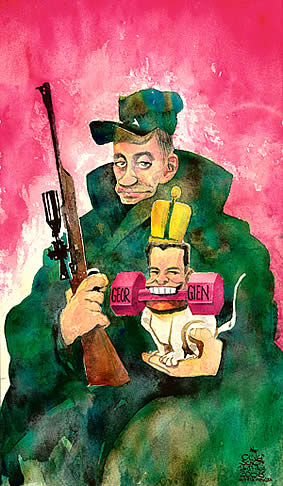  Oliver Schopf, politischer Karikaturist aus Österreich, politische Karikaturen, Illustrationen Archiv politische Karikatur Welt Russland 2008: russland, putin, medwedew, georgien, jagd, schoßhund, apportieren




