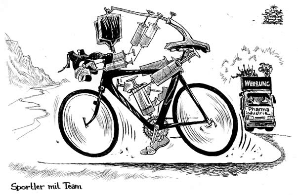  Oliver Schopf, politischer Karikaturist aus Österreich, politische Karikaturen, Illustrationen Archiv politische Karikatur Welt Sport 2008 radsport, doping, spritzen, pharmaindustrie, werbung



