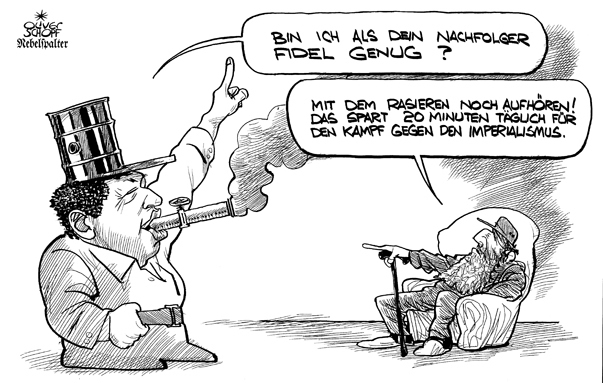  Oliver Schopf, politischer Karikaturist aus Österreich, politische Karikaturen, Illustrationen Archiv politische Karikatur Welt Südamerika Chavez Kuba Fidel Castro Nachfolger 




