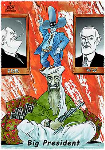 Oliver Schopf, editorial cartoons from Austria, cartoonist from Austria, Austrian illustrations, illustrator from Austria, editorial cartoon  United States of America 2008: Bin Laden and Bush
