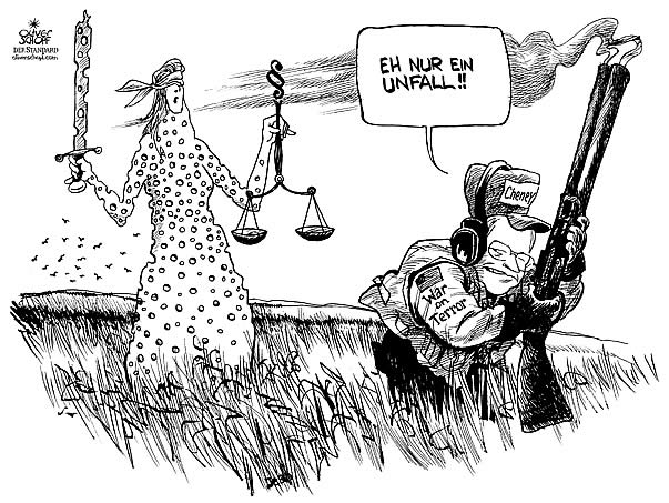  Oliver Schopf, politischer Karikaturist aus Österreich, politische Karikaturen, Illustrationen Archiv politische Karikatur Welt USA
2006, Dick Cheney geht auf die Jagd 




