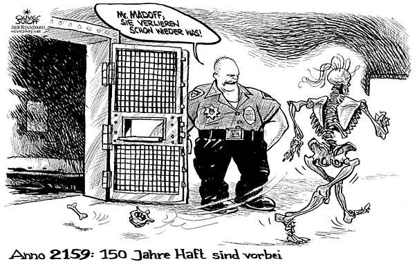  Oliver Schopf, politischer Karikaturist aus Österreich, politische Karikaturen, Illustrationen Archiv politische Karikatur Welt 2009: usa, madoff, urteil, gericht, haft, 150 jahre, zelle, entlassung, skelett 




