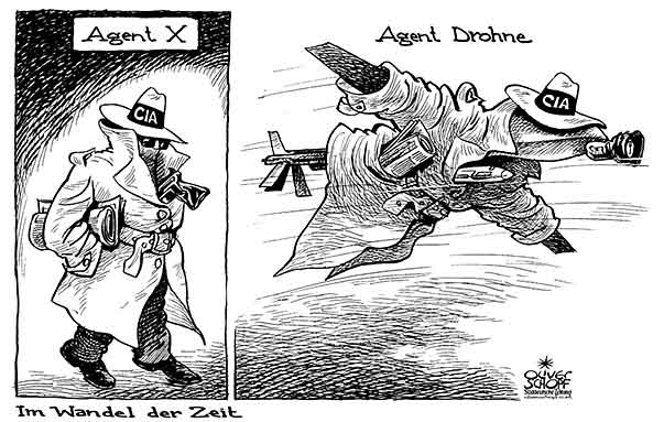  Oliver Schopf, politischer Karikaturist aus Österreich, politische Karikaturen, Illustrationen Archiv politische Karikatur Welt 2009 im wandel der zeit agent x mutiert zu agent drohne flugzeug videoüberwachung waffenarsenal usa, cia, drohne, agent, spion 




