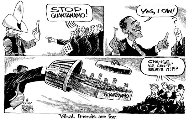  Oliver Schopf, politischer Karikaturist aus Österreich, politische Karikaturen, Illustrationen Archiv politische Karikatur Welt USA Europa
2009: usa, obama, eu, guantánamo, gefangenen lager, gefangene



