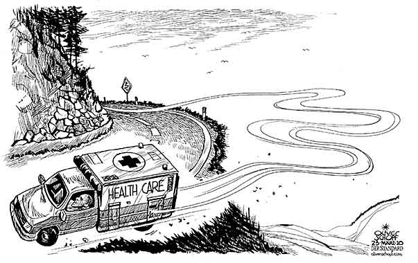 Oliver Schopf politische Karikatur: USA 2010 - Obama bringt Gesundheitsreform in beiden Häusern durch Oliver Schopf, politischer Karikaturist aus Österreich, politische Karikaturen, Illustrationen Archiv politische Karikatur Welt USA Präsident der Vereinigten Staaten von Amerika Barack Obama 2010 usa obama gesundheitsreform rettungswagen strasse kurve kratzen