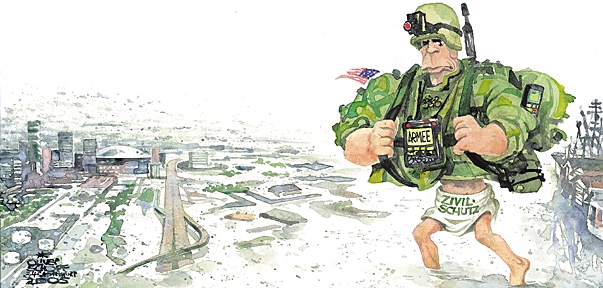 Oliver Schopf editorial cartoons, cartoonist, cartoon, USA president George W. Bush New Orleans 2005; Bush and the Security
