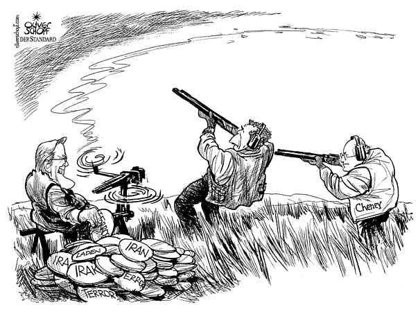  Oliver Schopf, politischer Karikaturist aus Österreich, politische Karikaturen, Illustrationen Archiv politische Karikatur Welt USA Präsident Georg W. Bush
2006; Bush und Cheney weiterhin auf grosser jagd, Nahostkonflikt, Irak, Iran
