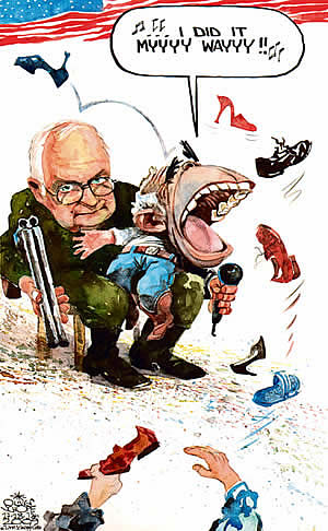  Oliver Schopf, politischer Karikaturist aus Österreich, politische Karikaturen, Illustrationen Archiv politische Karikatur Welt USA Präsident Georg W. Bush
 2009:  dick cheney, singen, my way, schuhe



