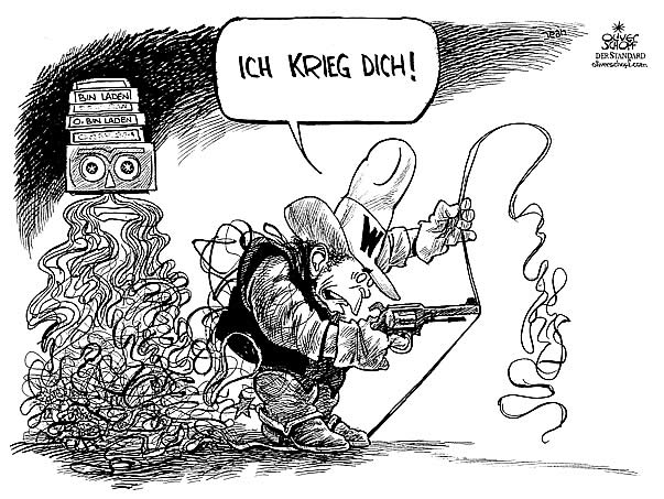  Oliver Schopf, politischer Karikaturist aus Österreich, politische Karikaturen, Illustrationen Archiv politische Karikatur Welt USA Präsident Georg W. Bush
Keine Spur von Osama bin Laden videobotschaft video terror terrorismus abwehr cowboy videoband pistole
