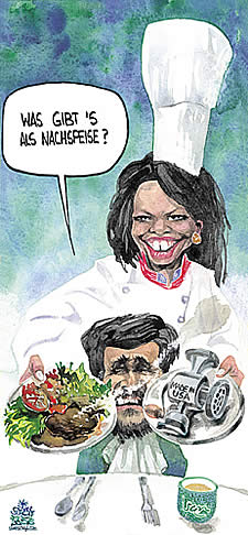  Oliver Schopf, politischer Karikaturist aus Österreich, politische Karikaturen, Illustrationen Archiv politische Karikatur Welt USA Präsident Georg W. Bush
2006:, condoleezza rice,  ahmadi-nejad, iran, usa, kueche, menue
