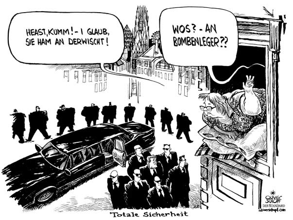  Oliver Schopf, politischer Karikaturist aus Österreich, politische Karikaturen, Illustrationen Archiv politische Karikatur Welt USA Präsident Georg W. Bush
2006, bush, wien, sicherheit, bombenleger, terror, Wie sicher ist Präsident Bush in Wien wirklich ?
