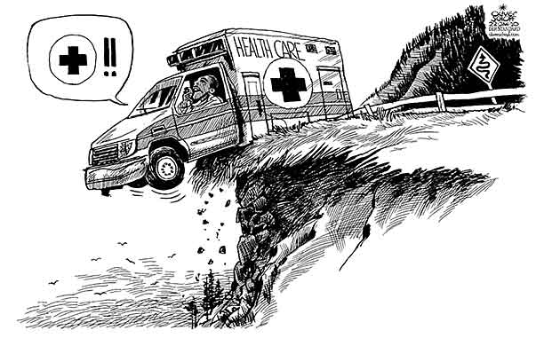 Oliver Schopf, editorial cartoons from Austria, cartoonist from Austria, Austrian illustrations, illustrator from Austria, editorial cartoon president of the united states of amerika usa barack obama Obama, 2010: usa, obama, health care, ambulance, bend, abyss
