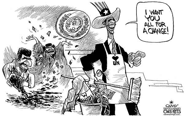 Oliver Schopf, editorial cartoons from Austria, cartoonist from Austria, Austrian illustrations, illustrator from Austria, editorial cartoon world 2009: us president Obama I love UN will clean und saying i want you all for a change.  speech in the un iran israel conflict  2009: uno, general assembly, obama, muammar el-qaddafi, ahmadinejad, bush, change, clean, clearance politician politicians