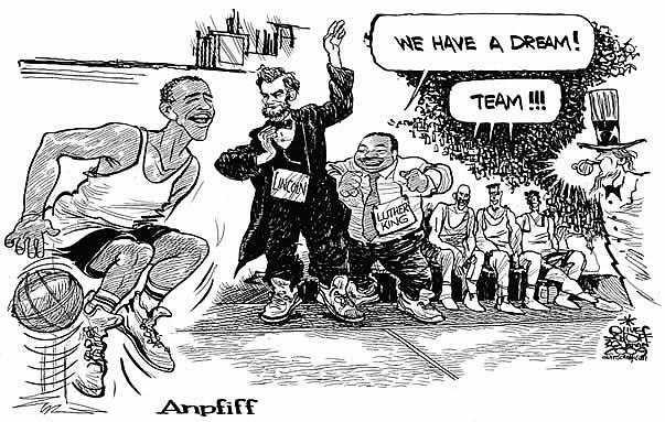  Oliver Schopf, politischer Karikaturist aus Österreich, politische Karikaturen, Illustrationen Archiv politische Karikatur Welt USA Präsident der Vereinigten Staaten von Amerika Barack Obama usa, barack obama, abraham lincoln, martin luther king, basketball, anpfiff



