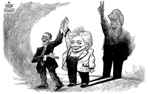  Oliver Schopf, politischer Karikaturist aus Österreich, politische Karikaturen, Illustrationen Archiv politische Karikatur Welt USA Präsidentenwahl 2008 USA, aussenministerin, obama, hillary, bill, clinton, schatten



