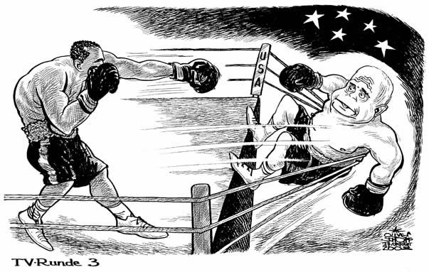  Oliver Schopf, politischer Karikaturist aus Österreich, politische Karikaturen, Illustrationen Archiv politische Karikatur Welt USA Präsidentenwahl 2008  usa, wahl,  boxen, obama, mccain, tv-duell



