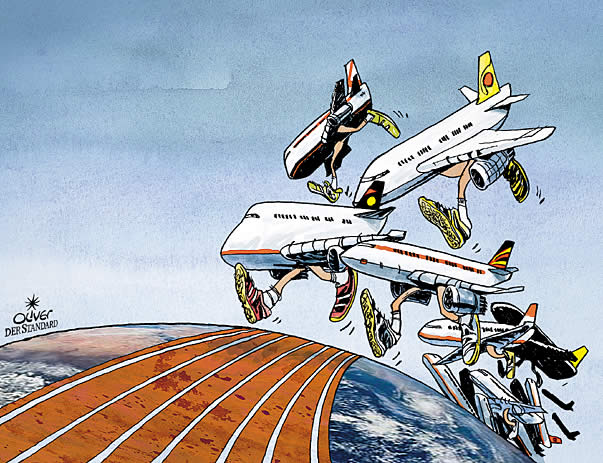 Oliver Schopf, editorial cartoons from Austria, cartoonist from Austria, Austrian illustrations, illustrator from Austria, editorial cartoon economy finances business markets airplanes aircraft airport airrace

