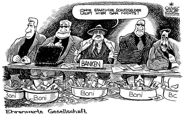 Oliver Schopf, editorial cartoons from Austria, cartoonist from Austria, Austrian illustrations, illustrator from Austria, editorial cartoon economy finances business markets 2009:  economy, banks, bonus boni, mafia, familiy, protection money, godfather
  width=