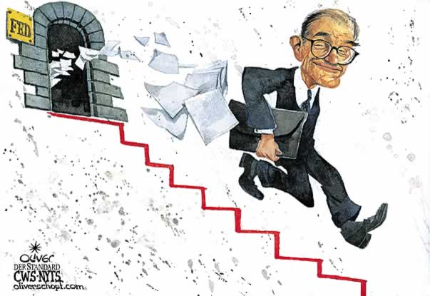Oliver Schopf, editorial cartoons from Austria, cartoonist from Austria, Austrian illustrations, illustrator from Austria, editorial cartoon economy finances business markets 2008: financial crisis stock market  oil price, euro, dollar, fed greenspan leaving Alan Greenspan retires. 

