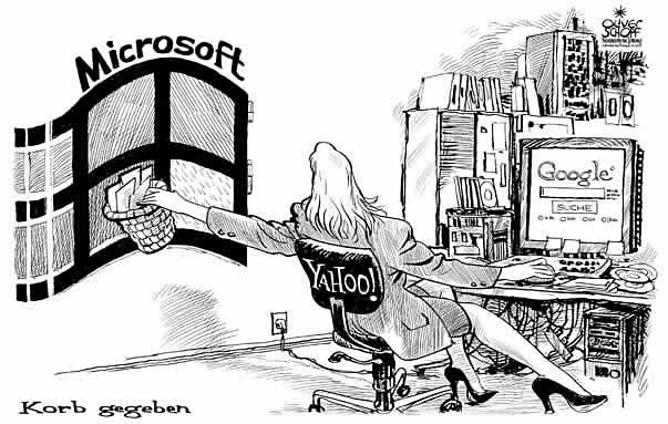  Oliver Schopf, politischer Karikaturist aus Österreich, politische Karikaturen, Illustrationen Archiv politische Karikatur Welt USA Wirtschaft und Finanzen 2008:  microsoft, yahoo, google, uebernahme, windows, korb, suchmaschine


